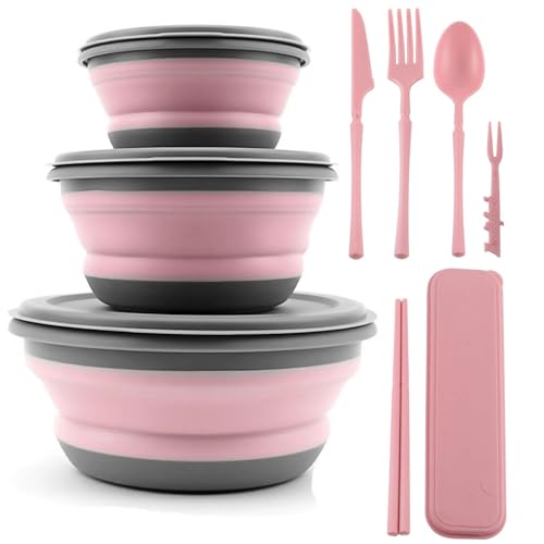 YAOBVIS Collapsible Bowl 3 Pcs Food Grade Silicone Camping Bowl Expandable Salad Bowl Lunch Box with Lid & Tableware for Travel and Picnic