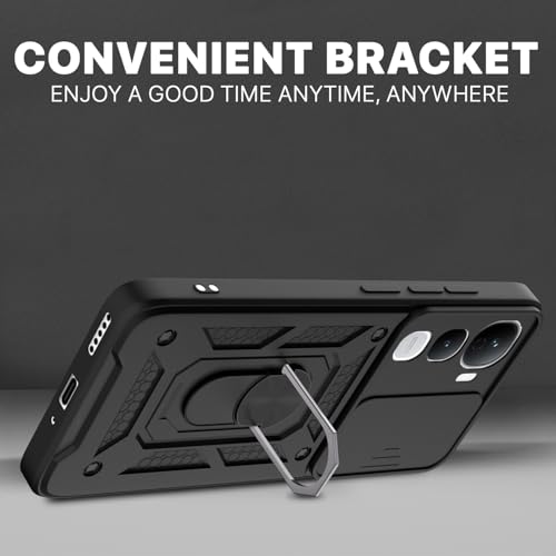 Image of Pikkme Back Cover for Vivo Y400 Pro 5G | D10 Tough Armor | 360 Protection Case | Sliding Camera Shield Cover & Ring Holder Stand Bumper Case (Black)