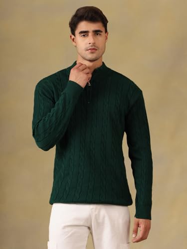 Image of Kvetoo Men's Wool High Neck Zipper Sweater, Full Sleeve Cable Knit Quarter Zip Winter Pullover