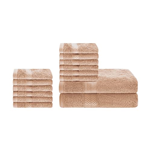 Superior Bath And Face Towel Set, Rayon From Bamboo Cotton Blend, Ideal For Bathroom, Guest Bathroom, And Beach, Includes; 12 Piece Face/Washcloths 13” X 13" And 2 Piece Bath Towels 30” X 54”, Sand #TOP15
