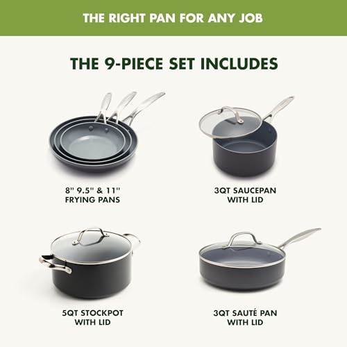 Image of GreenPan Valencia Pro 9 Piece Ceramic Nonstick Cookware Set, PFAS-Free, Induction Ready, Hard Anodized Pots & Pans with Lids, Compatible on All Cooktops, Dishwasher & Oven Safe, Gray