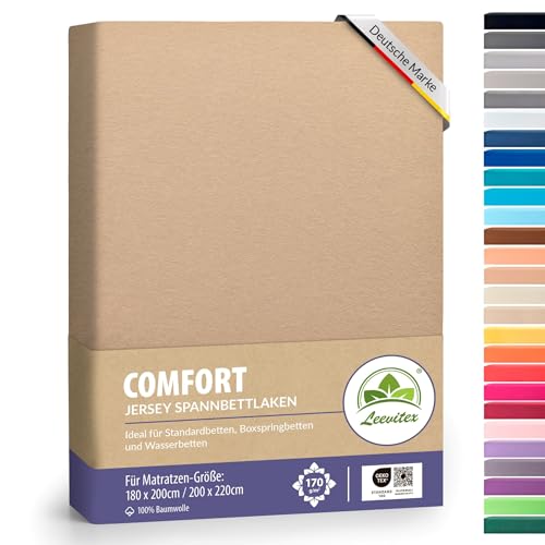 Boxspringbett & Wasserbett Spannbettlaken von leevitex® | Spannbetttuch | Jersey 180 x 200-200 x 220 cm, 40cm Steghöhe 100% Baumwolle ca. 170 g/m² (Sand/Cappuccino)