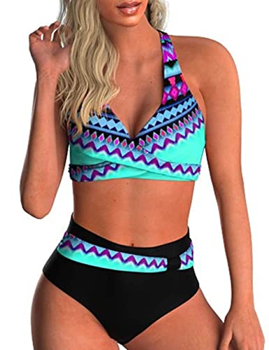 Traje de Baño para Mujer Estampado Floral Cuello en V Dos Piezas Conjunto Bañador Bañador de Dos Piezas Conjunto de Bikini de Cintura Alta Top Acolchado con Volantes