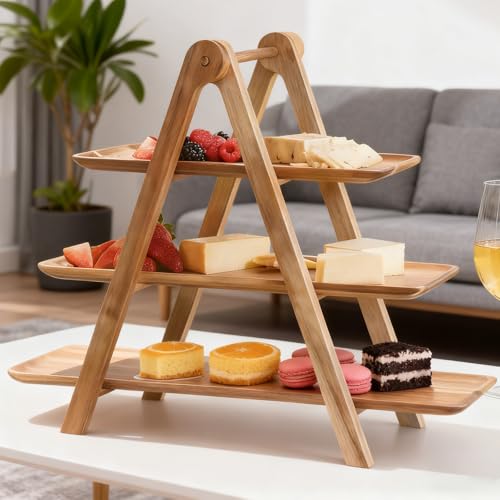 PORFOYO Présentoir À Gâteau En Bois, Présentoir À Cupcakes En Bois, Présentoir À Fruits À 3 Étages Pliable, Plateau De Service À 3 Niveaux Pour Servir De La Nourriture, Fête, Mariage, Fruits, Dessert