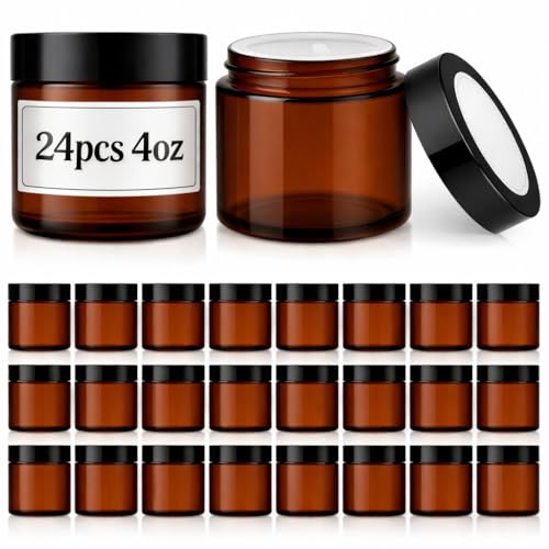 Bumobum 24 Pack 4 oz Amber Glass Jars with Lids, Small Glass Cosmetic Jars with Inner Liners, 120ml Round Empty Sample Containers for Cream, Lotions and Body Scrub