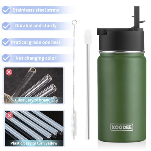 Image of koodee 12 oz Water Bottle for kids Stainless Steel Vacuum Insulated Wide Mouth Travel Water Bottle with Straw, Reusable Metal Sports Water Flask(Grass Green)