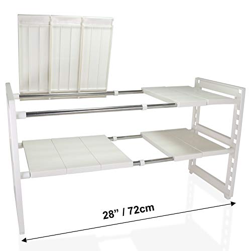 S7 360 2 Tier Under Sink Adjustable Shelf Organizer Rack White - Expandable From 15 Inch To 26 Inch (40Cm - 70Cm) With 10 Removable Shelves - Complete With Waterproof Anti-Slip Mat #TOP2