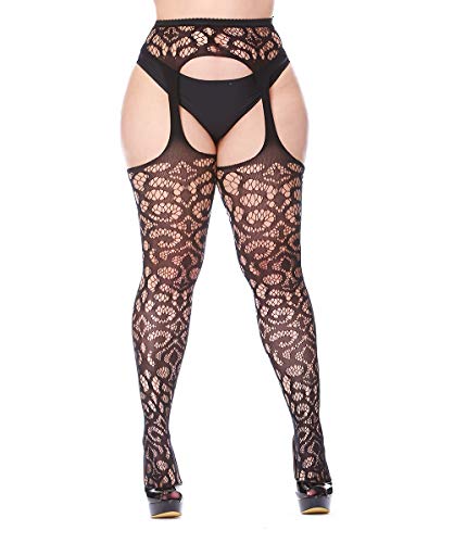 CURRMIEGO Womens Fishnet Suspender Tights plus size patterned pantyhose Stockings 2-Pairs (Black P1202, Plus Size)