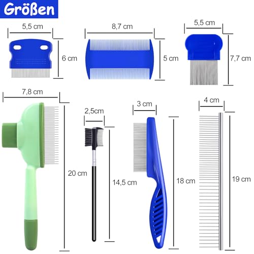 FOSER Katze Hund Flohkamm, 7 Stück Katzen und Hunde Pflegekamm, Läusekamm (7 Stück - Blau + Grün)