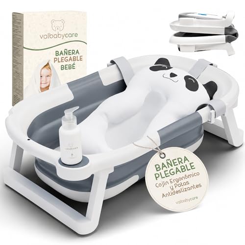 Bañera Plegable Bebe Portatil desde Recién Nacido Hasta 24 Meses + Cojín Panda Ergonómico Grande y Acolchado + Patas Antideslizantes Bañeras para Bebés Fácil de Limpiar Banheira Casa o Viaje | VALBABY