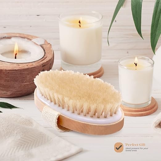 Image of KIMEE Premium Natural Bristle Dry Body Brush for Exfoliation, Lymphatic Drainage & Smooth Skin - Wooden Handle with Hand Strap, Spa-Quality Cellulite & Dead Skin Remover for Shower & Dry Brushing Routine