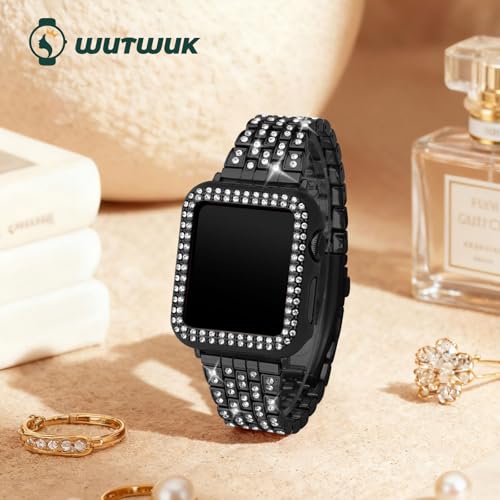 Image of Wutwuk Compatible Bling Apple Watch Strap 40mm with Bling Case, Black Sparkling Metal Woman iWatch Replacement, Black Strap Diamond Rhinestone Wristband for Apple Watch Series SE 2 SE 6 5 4 40mm Black