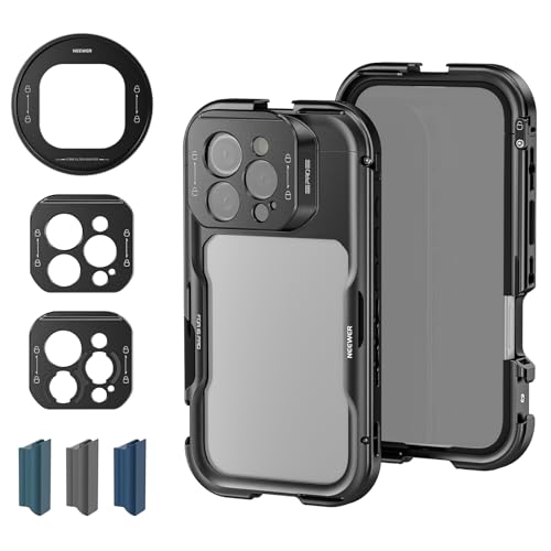 Image of NEEWER 16 Pro Cage, Quick Release Video Rig Phone Stabilizer Compatible with iPhone 16 Pro with Adapters of 67mm Filter, 17mm Lens & T Mount Lens, Full Camera Control Access, PA073