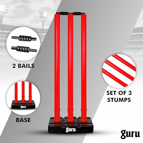 Image of Guru Cricket Wicket Set, Heavy Plastic Cricket Stumps Set - 3 Stumps + 2 Bails + 1 Base Stand