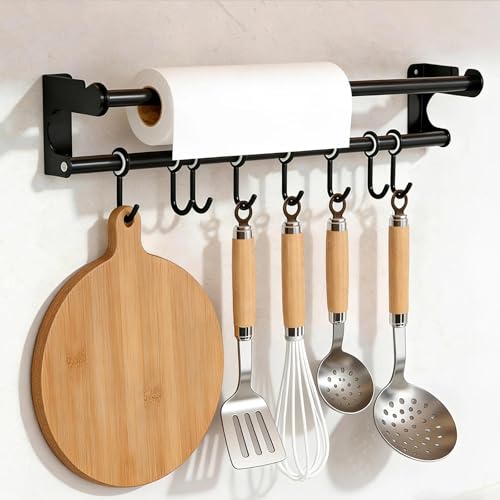 HECHKJ Barre de Ustensiles Suspension 40 cm, Porte-Ustensiles Mural avec 8 Crochets Déplaçable, Patère de Cuisine Multifonctionnel, avec Instructions, pour...