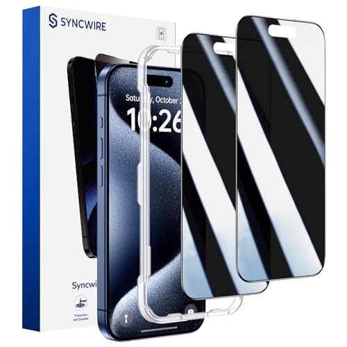 SYNCWIRE Privacy Screen Protector for iPhone 15 Pro Max, Full Coverage Tempered Glass [Easy Installation Frame] [9H Hardness] [Sensitive Touch] [True 28°Anti Spy] Black Edge for Apple 6.1'' - 2 Pack
