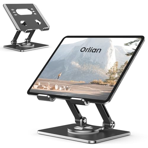 Tablet Stand Holder with Thickened 360°Rotating Base Dual Rod Adjustable Aluminum Stand for All 5.8-12.9” iPad Samsung Phone Tablet Kindle E-Reader and More, Black