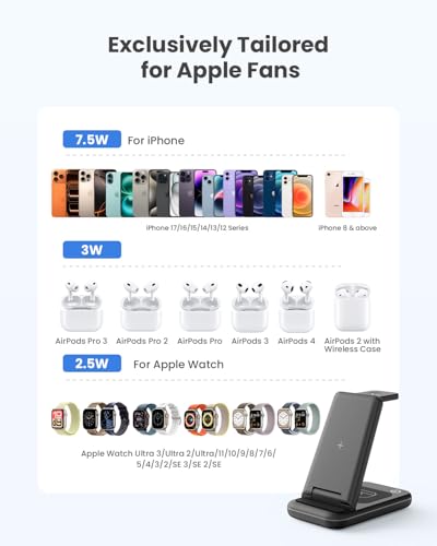 Miniatura 2 de JoyGeek Cargador Inalámbrica, Plegable 3 en 1 Base Cargador para i Phone 17/16/15/14/13/12/Plus/Pro MAX, Estación de Carga para AppleWatch Ultra-2, Rapida Wireless Charger para AirPods 4/Pro/3/2-Negro