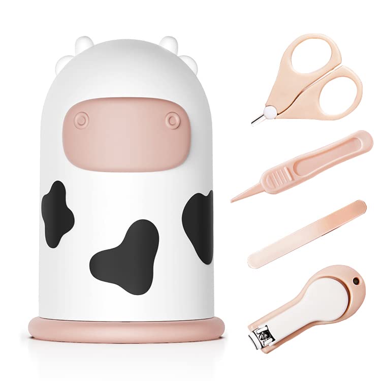 Image of Baby Nail Clipper, Nail File, Baby Grooming Kit, Scissor, Clippers & Tweezer 4-in-1 Nursery Care Kit Set with Cute Cow Funny Case for Newborn, Infant and Toddler (Cow)