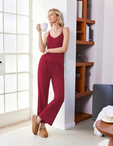 Image of Ekouaer Womens Y2K Cami Pajama Set with Flare Pants, 2 Piece Lace Trim Sleepwear Spaghetti Strap Pjs Set XS-2XL