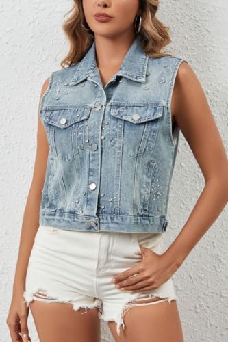 Women's Cropped Rhinestone Casual Denim Vest Top Sleeveless Button Down Jean Vest Jackets Outwear2