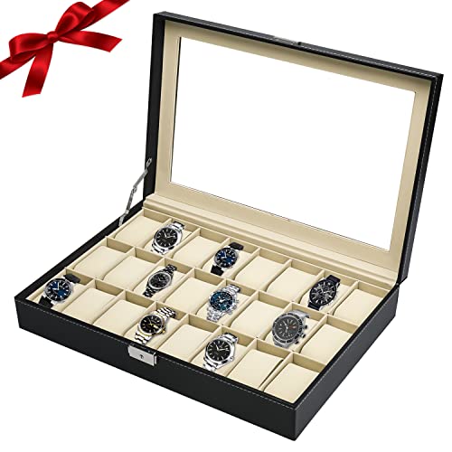 Artilife 24 Slots Watch Display Case Glass Top For Men,Pu Leather Display Storage Collection Organizer Jewelry Case With Removable Pillows #TOP21