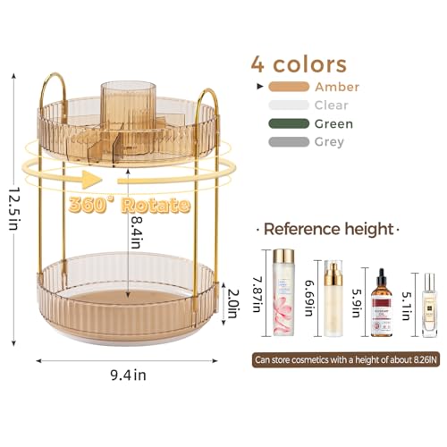 Image of 360 Rotating Makeup Organizer, Upgraded 2 Tier Skincare Perfume Organizers for Women, Bathroom Organizer Countertop, Clear Cosmetic Dresser Organizer with Makeup Brush Holder, Sink&Counter(Amber)