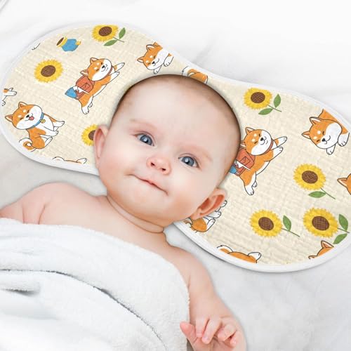 J JOYSAY Shiba Dog Sunflower Beige Baby Burp Cloths for Boys Girls Large 22''x11'' Cotton 4 Layer Baby Spit Up for Infant Babies one sizex44