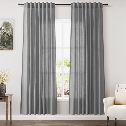 Image of Linen Curtains 72 Inch Long for Living Room Back Tab Charcoal