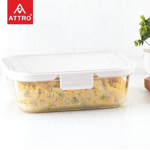 Image of ATTRO Glassox Borosilicate Rectangular Glass Lunch Box with Stainless Steel Lid Food Storage Container Microwave & Freezer Safe BPA-Free Food-Grade 1520ml, Transparent