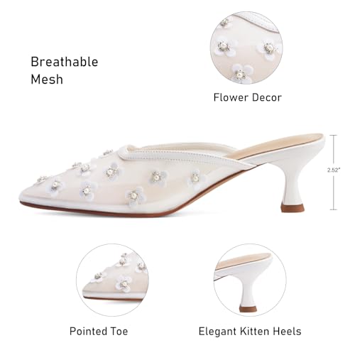 Image of Women Kitten Heel Mules Crystal Flower Decor Mesh Pointed Toe Low Heel Casual Pumps