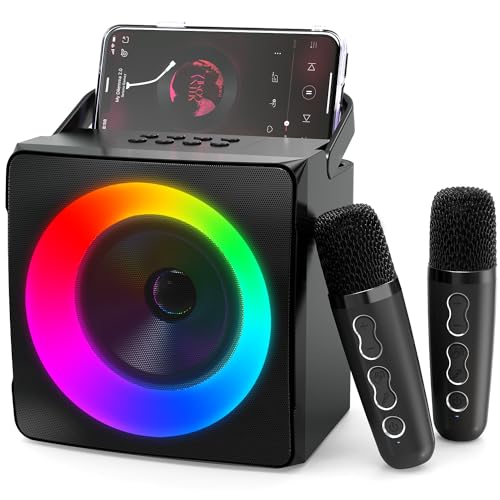 Ankuka Karaoke Machine, Altavoz Karaoke Bluetooth portátil con 2 micrófonos inalámbricos y Luces dinámicas para Adultos y niños(Gris Oscuro)