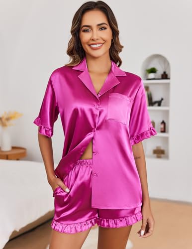 Image of Ekouaer Satin Pajama Set for Women Button Down Silk 2 Piece Pj Sets Ruffle Short Sleeve Sleepwear