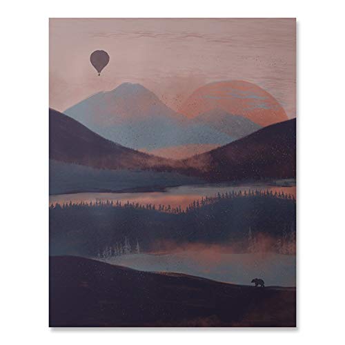 Outdoor Inspiration Wilderness Sunrise Lover Art Print Beautiful Peaceful Serene Forest Trees Lake Reflection Balloon Ride Over Mountains Nature Bear Wall Art Pink Blue Sky Home Decor 8 x 10 Inches