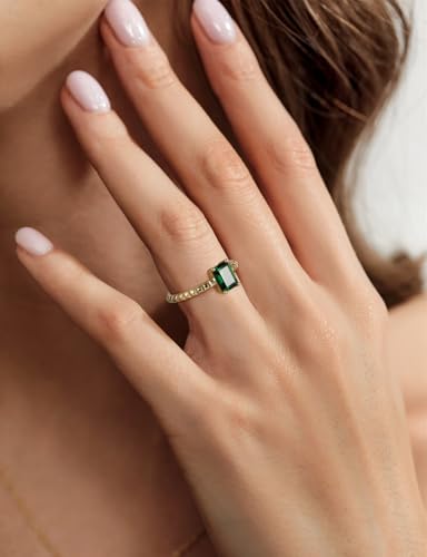 14K Gold Plated Engagement Rings for Women Created Green Emerald Solitaire Emerald Oval Marquise Cut Wedding Band Promise Ring for Her Size 5-104