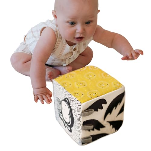 Image of Wee Gallery Soft Block, Baby Sensory Toy with High-Contrast Graphics, Organic Soft Fabric Soft Blocks, Crinkle Flap and Textures, Tummy Time Activity for Babies and Toddlers - Jungle