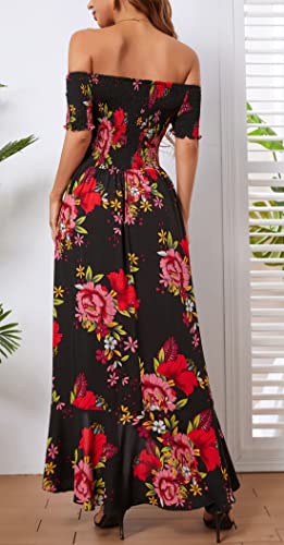 Kormei Women Short Sleeve Off Shoulder Floral High Low Flowy Summer Party Long Maxi Dress M Black&Red #TOP5