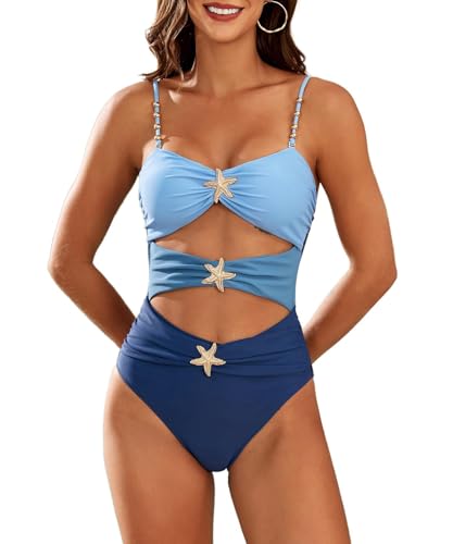 Wellwits Women's Beads Cutout Starfish Metal Decor One Piece Swimsuit