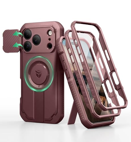 Image of Dexnor for iPhone 17 Pro Case, [2 Front Frame & Built-in Flip Camera Cover & Kickstand], Compatible Wireless Charging, Heavy-Duty Shockproof Portection Case with Screen Protector, 6.3 inch Maroon Red
