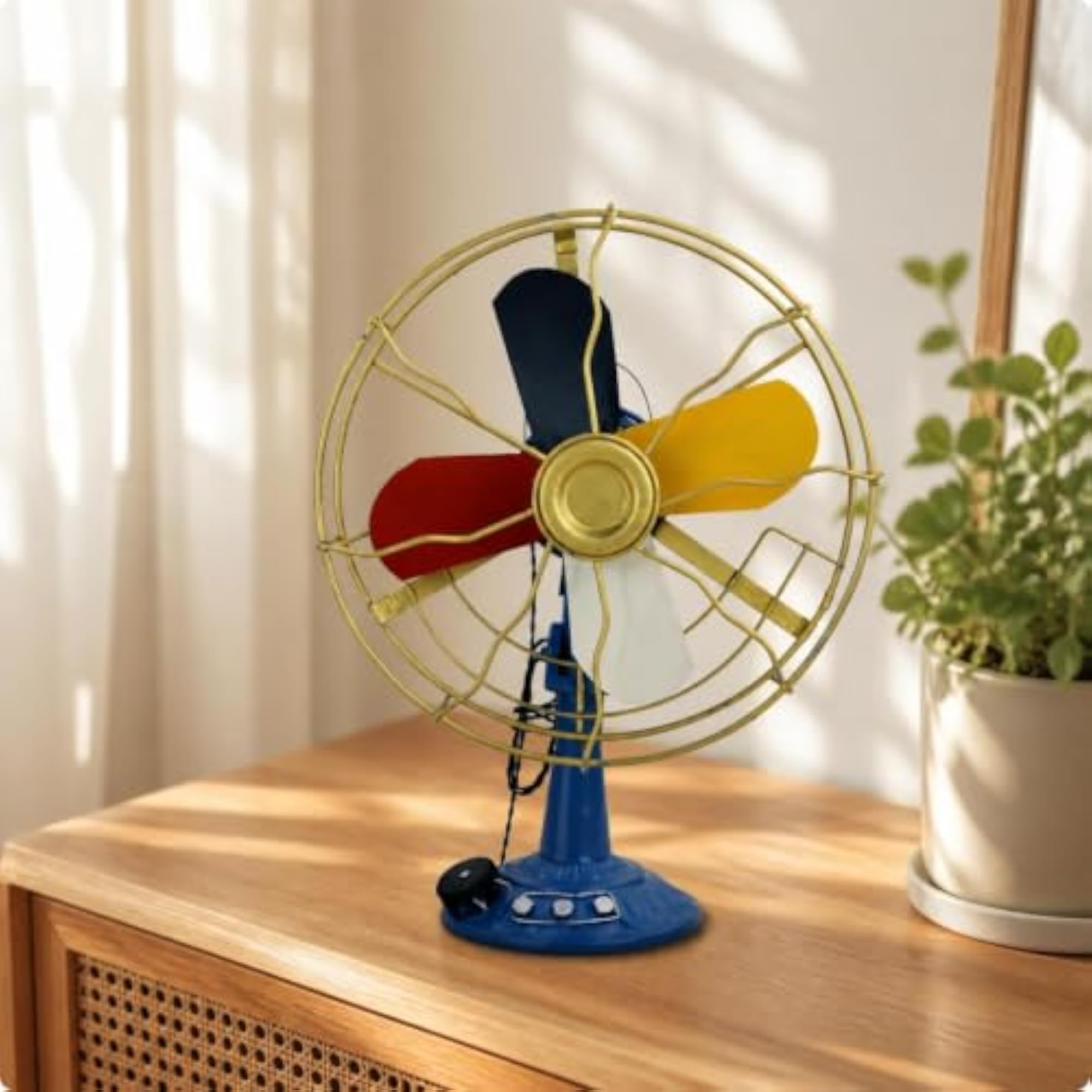 Freestanding Decorative Fan with Pedestal Base, Rainbow Blue