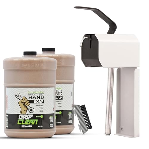 Grip Clean 4 Pk Combo – Hand Cleaner for Mechanics with Wall-Mounted Soap Dispenser + 2 Gallons Heavy-Duty Liquid Pumice Hand Soap, Natural Clay &amp; Coconut Oil for Auto Mechanics, Industrial, &amp; Garage