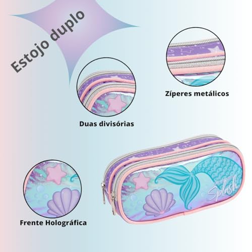 Kit Mochila Infantil Com Rodinha Menina Sereia Princesa Escolar Lancheira e Estojo Bolso Frontal (Se