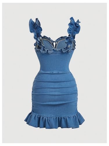 WDIRARA Women's Runched Tie Front Mini Denim Dress Ruffle Sleeveless Bodycon Cami Dresses2
