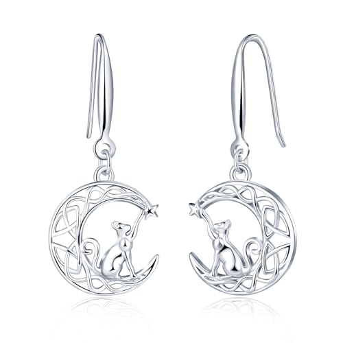 MICSAVI Pendientes de Gato y Media Luna de Plata de ley 925 para Mujer Niña, Colgantes Luna con Nudo Celta Pendientes Largos Hipoalergenicos para Mujeres Chicas Adolescentes