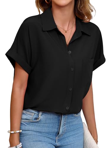 Womens Button Down Shirt Casual Short Sleeve Collared Work Blouse with Pocket