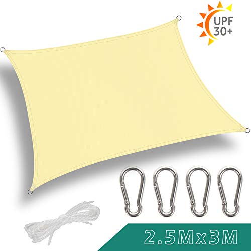 GeeRic Toldo Vela de Sombra Rectangular 2.5 x 3m,con Gancho de Acero Inoxidable y Cuerda protección Rayos UV Toldos Impermeables Exterior Toldo Vela Impermeable para Patio, Jardín, Color Beige