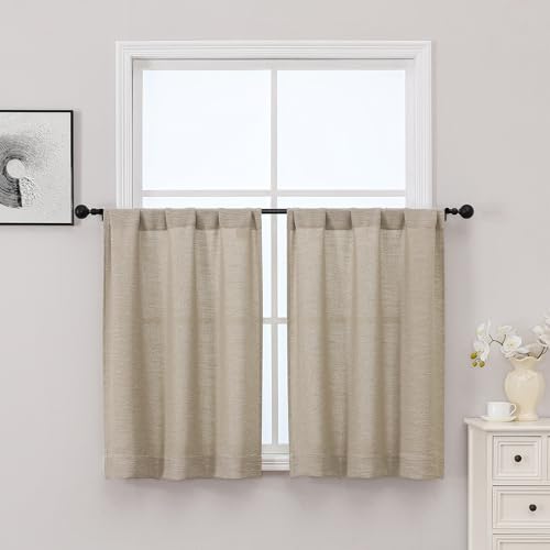 OWENIE Linen Kitchen Curtains 36 Inch Length 2 Panels Set, Light Filtering Faux Linen Textured Short Curtains Tier for Windows, Top Rod Pocket Curtain for Cafe Bathroom Basement Windows, 30" Wx36 L