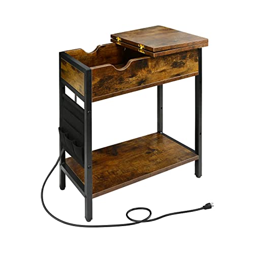 Voilamart End Table With Charging Station, Flip Top Side Table With Storage, Nightstand With Usb Ports And Outlets, For Living Room, Bedroom Rustic Brown #TOP26