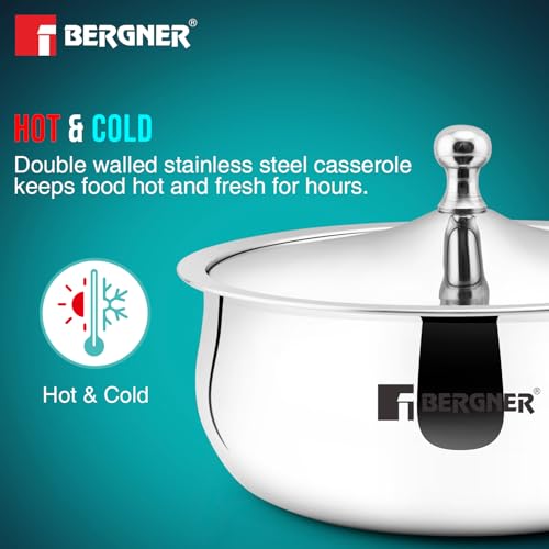 Image of Bergner Vienna Stainless Steel Hot Pot, 19cm /1L Double Walled Serving Casserole with PU Insulated Stainless Steel Lid, Chapati Box, Cast Steel Knob, Food Grade, Keeps Food Hot for Long Hours