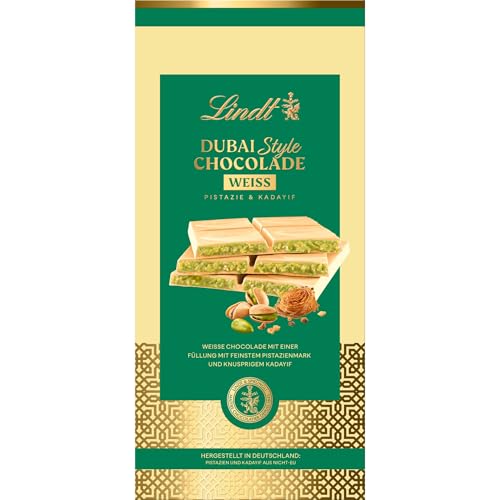 Lindt Schokolade | Dubai Style Chocolade Tafel weiß | 149g | Weiß Schokolade mit einzigartiger Füllung aus Pistazien-Creme und knusprigem Kadayif | Schokoladen-Tafel 1